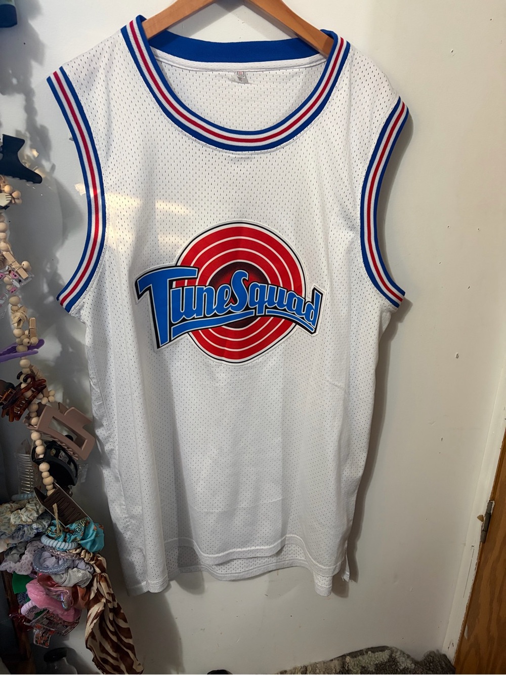 Tune Squad White Basketball Jersey with Red & Blue Logo